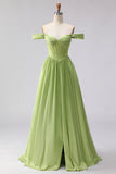 Green Off The Shoulder Satin A-Line Corset Long Prom Dress with Slit
