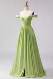 Green Off The Shoulder Satin A-Line Corset Long Prom Dress with Slit