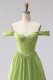 Green Off The Shoulder Satin A-Line Corset Long Prom Dress with Slit