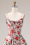 Red Pink Flower Spaghetti Straps Basque Waist A-Line Long Prom Dress with Slit