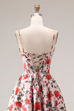 Red Pink Flower Spaghetti Straps Basque Waist A-Line Long Prom Dress with Slit