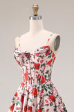 Red Pink Flower Spaghetti Straps Basque Waist A-Line Long Prom Dress with Slit