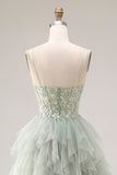 Dusty Green A-Line Tulle Spaghetti Straps Corset Long Prom Dress with Ruffles