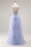 Light Plum Appliqued A-Line Tulle Spaghetti Straps Corset Long Prom Dress with Ruffles
