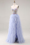 Light Plum Appliqued A-Line Tulle Spaghetti Straps Corset Long Prom Dress with Ruffles