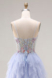 Light Plum Appliqued A-Line Tulle Spaghetti Straps Corset Long Prom Dress with Ruffles