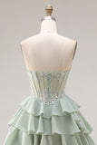 Dusty Green A Line Ruffled Tiered Chiffon Corset Long Prom Dress with Slit