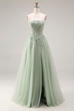 Dusty Green Tulle A-Line Corset Strapless Appliqued Long Formal Dress with Slit