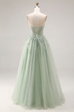 Dusty Green Tulle A-Line Corset Strapless Appliqued Long Formal Dress with Slit