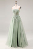 Dusty Green Tulle A-Line Corset Strapless Appliqued Long Formal Dress with Slit