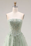 Dusty Green Tulle A-Line Corset Strapless Appliqued Long Formal Dress with Slit