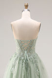 Dusty Green Tulle A-Line Corset Strapless Appliqued Long Formal Dress with Slit