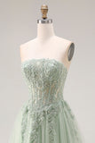 Dusty Green Tulle A-Line Corset Strapless Appliqued Long Formal Dress with Slit