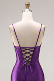Purple Mermaid Spaghetti Straps Appliqued Long Prom Dress with Slit