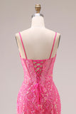 Fuchsia Organza Mermaid Corset Spaghetti Straps Long Prom Dress with Appliques