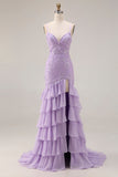 Purple Mermaid Spaghetti Straps Lace Up Back Long Prom Dress with Ruffled Slit