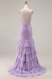 Purple Mermaid Spaghetti Straps Lace Up Back Long Prom Dress with Ruffled Slit