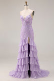 Purple Mermaid Spaghetti Straps Lace Up Back Long Prom Dress with Ruffled Slit