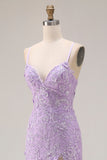 Purple Mermaid Spaghetti Straps Lace Up Back Long Prom Dress with Ruffled Slit