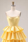 Yellow Sweetheart A-Line Tiered Corset Lace-Up Back Prom Dress with Slit