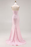 Light Pink Mermaid Beaded Halter Pearls Long Prom Dress with Slit