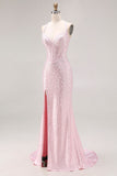 Light Pink Mermaid Beaded Halter Pearls Long Prom Dress with Slit