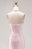 Light Pink Mermaid Beaded Halter Pearls Long Prom Dress with Slit