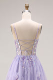 Light Purple A-Line Beaded Sequin Lace Up Back Long Prom Dress with Slit