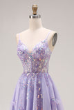 Light Purple A-Line Beaded Sequin Lace Up Back Long Prom Dress with Slit