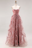 Dusty Rose Strapless A-Line Embroidered Beaded Long Prom Dress with Slit