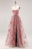 Dusty Rose Strapless A-Line Embroidered Beaded Long Prom Dress with Slit