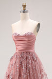Dusty Rose Strapless A-Line Embroidered Beaded Long Prom Dress with Slit