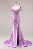 Purple Mermaid Off the Shoulder Appliqued Corset Ruched Prom Dress with Slit