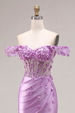 Purple Mermaid Off the Shoulder Appliqued Corset Ruched Prom Dress with Slit