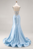 Sky Blue Mermaid Cut Out Corset Long Satin Prom Dress with Beading