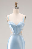 Sky Blue Mermaid Cut Out Corset Long Satin Prom Dress with Beading
