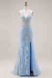 Sky Blue Halter Mermaid Beaded Corset Applique Long Prom Dress with Slit