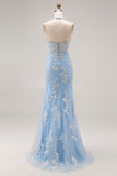 Sky Blue Halter Mermaid Beaded Corset Applique Long Prom Dress with Slit