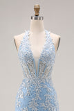 Sky Blue Halter Mermaid Beaded Corset Applique Long Prom Dress with Slit