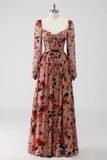 Dusty Rose Floral Corset A Line Long Sleeves Formal Dress with Slit