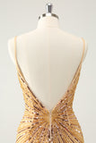 Golden Bodycon Spaghetti Straps Cocktail Dress with Sequins