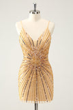 Golden Bodycon Spaghetti Straps Cocktail Dress with Sequins