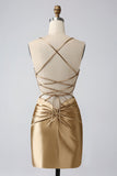 Gold Bodycon Spaghetti Straps Satin Cocktail Dress with Criss Cross Back