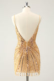 Golden Bodycon Spaghetti Straps Cocktail Dress with Sequins