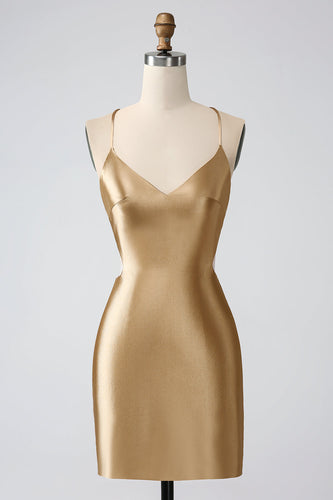 Gold Bodycon Spaghetti Straps Satin Cocktail Dress with Criss Cross Back
