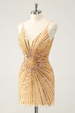 Sparkly Golden Tight Spaghetti Straps Backless Cocktail Dress with Sequins