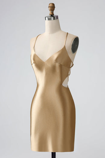 Gold Bodycon Spaghetti Straps Satin Cocktail Dress with Criss Cross Back