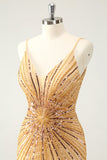 Golden Bodycon Spaghetti Straps Cocktail Dress with Sequins