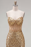 Sparkly Golden Bodycon Sweetheart Sheer Corset Sequins Homecoming Dress