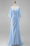 Sky Blue Chiffon Mermaid V-Neck Ruched Long Mother of the Bride Dress with Sleeves